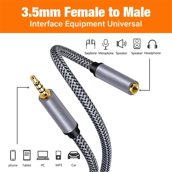 3.5mm Male to Female AUX Extension Cable – TRRS 4-Pole Audio Cord for Headphones, Speakers, Phone, and Car Stereo