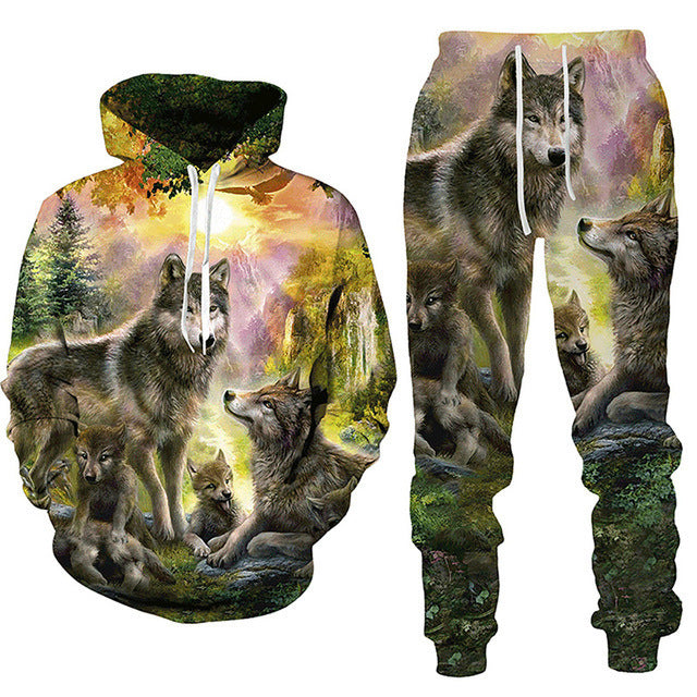 3D Wolf Oversized Tracksuit - Zip Hoodie & Joggers Set, Unisex Street Style