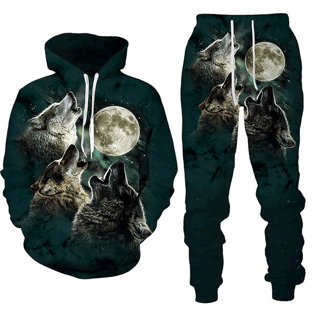 3D Wolf Oversized Tracksuit - Zip Hoodie & Joggers Set, Unisex Street Style