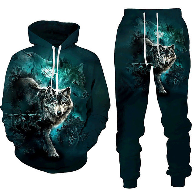 3D Wolf Oversized Tracksuit - Zip Hoodie & Joggers Set, Unisex Street Style