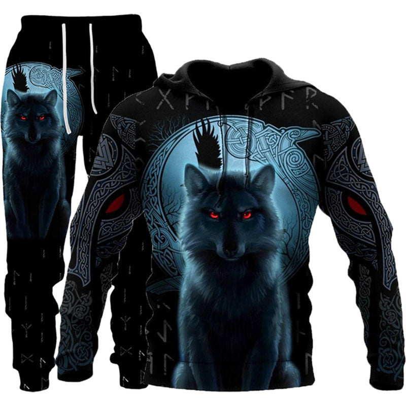 3D Wolf Print Zip Hoodie & Pants Set - Unisex Oversized Tracksuit, Streetwear Style