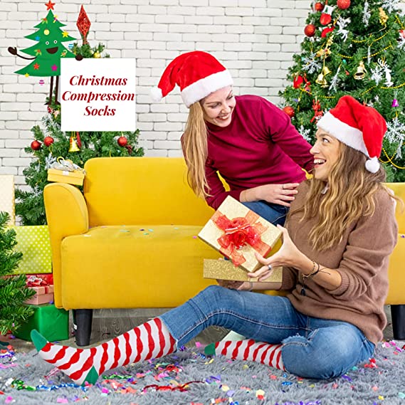 Christmas Socks for Women Men Circulation, Knee High Compression Socks 15-20mmHg for Nurse, Running Athletic
