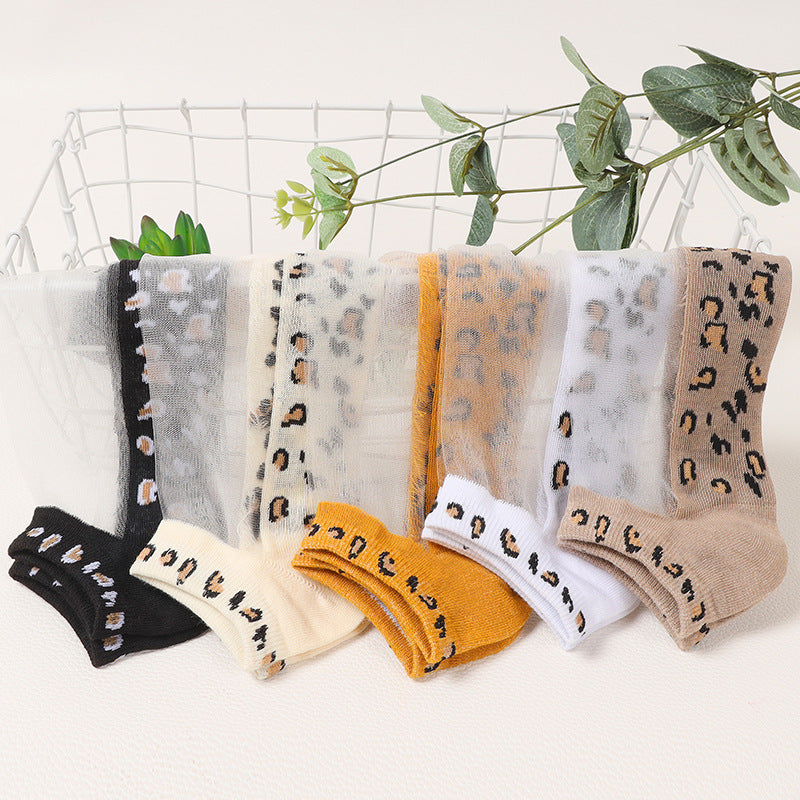 Spring Summer Leopard Pattern Ultra Thin Cotton Bottom Crystal Socks, Silk Socks, Boat Socks No Show Socks