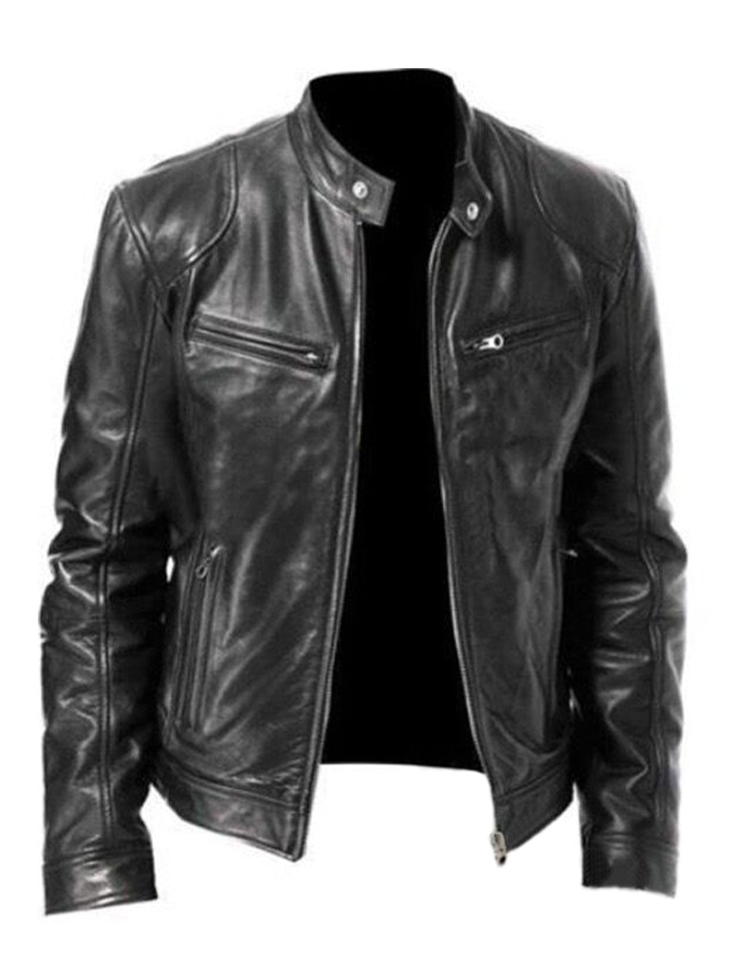 Zipper Mens Casual  Leather Biker Jacket Motorcycle Stand Collar Coat