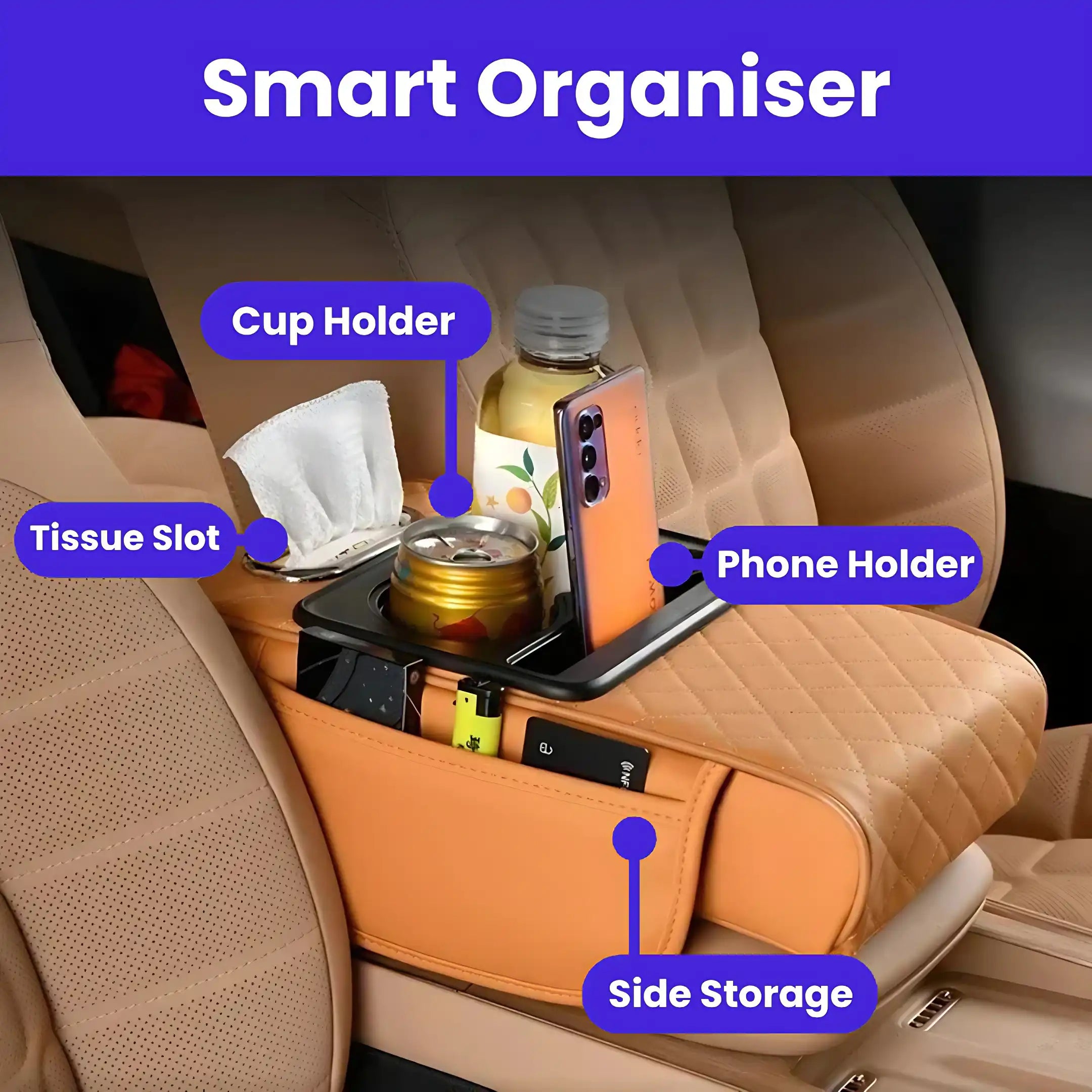4-in-1 Car Center Console Organizer - Armrest Extender with Cup Holders & Tissue Box Storage