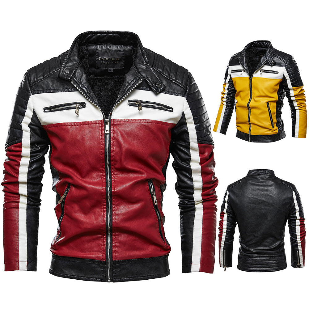 Men's Plus Size Leather Motorcycle Biker Long Sleeve Collar Plush Leather Jacket  Zipper Coat