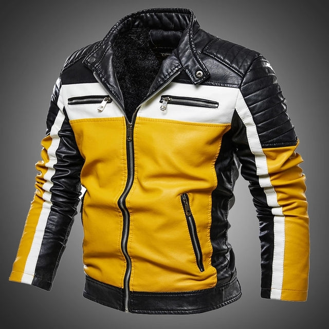 Men's Plus Size Leather Motorcycle Biker Long Sleeve Collar Plush Leather Jacket  Zipper Coat