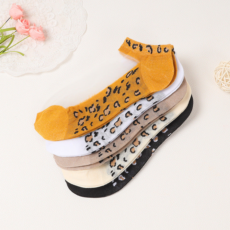 Spring Summer Leopard Pattern Ultra Thin Cotton Bottom Crystal Socks, Silk Socks, Boat Socks No Show Socks