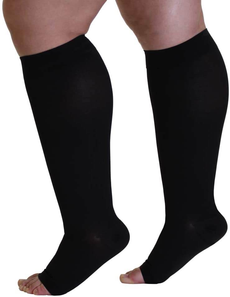 ROYALUCK Plus Size Open Toe Compression Socks 20-30mmHg Knee-Hi Extra Wide Support Stockings（M-5XL）