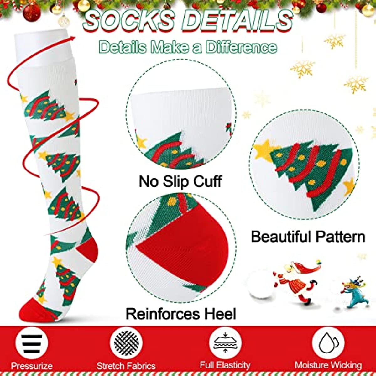 6 Pairs Christmas Socks Colorful Patterned Winter Compression Socks