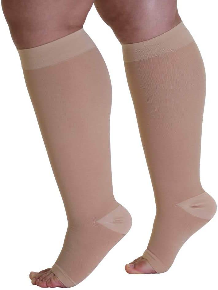 ROYALUCK Plus Size Open Toe Compression Socks 20-30mmHg Knee-Hi Extra Wide Support Stockings（M-5XL）