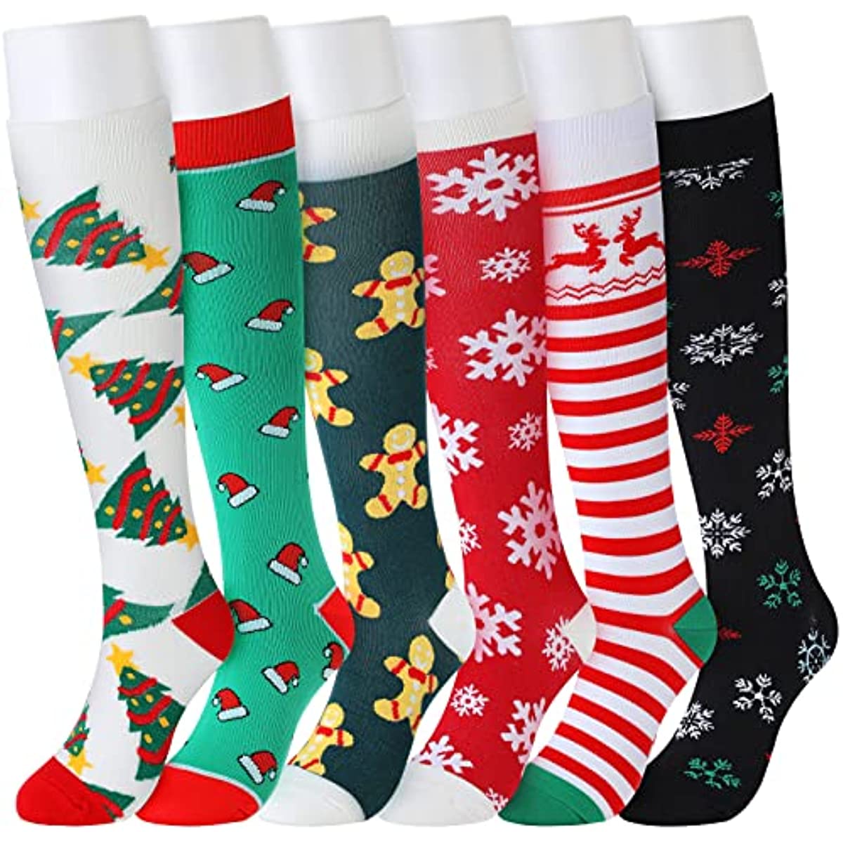 6 Pairs Christmas Socks Colorful Patterned Winter Compression Socks
