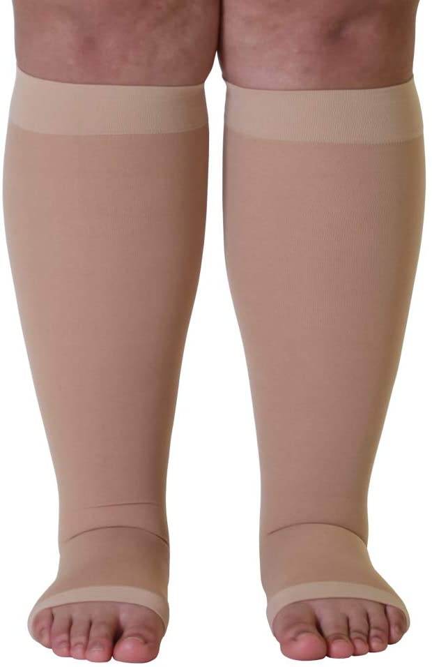 ROYALUCK Plus Size Open Toe Compression Socks 20-30mmHg Knee-Hi Extra Wide Support Stockings（M-5XL）