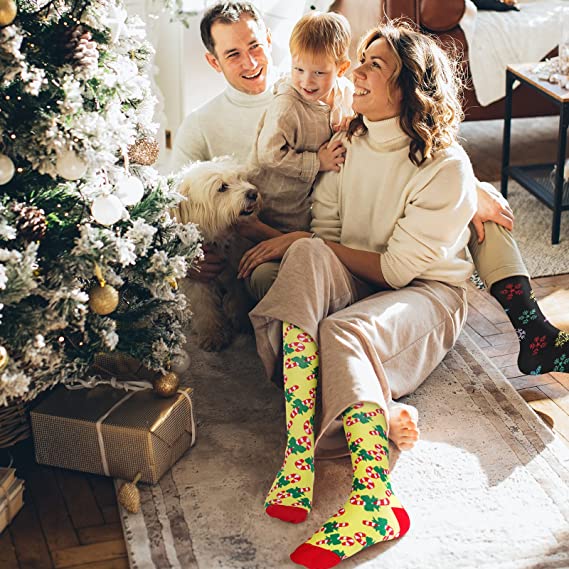 Christmas Socks for Women Men Circulation, Knee High Compression Socks 15-20mmHg for Nurse, Running Athletic