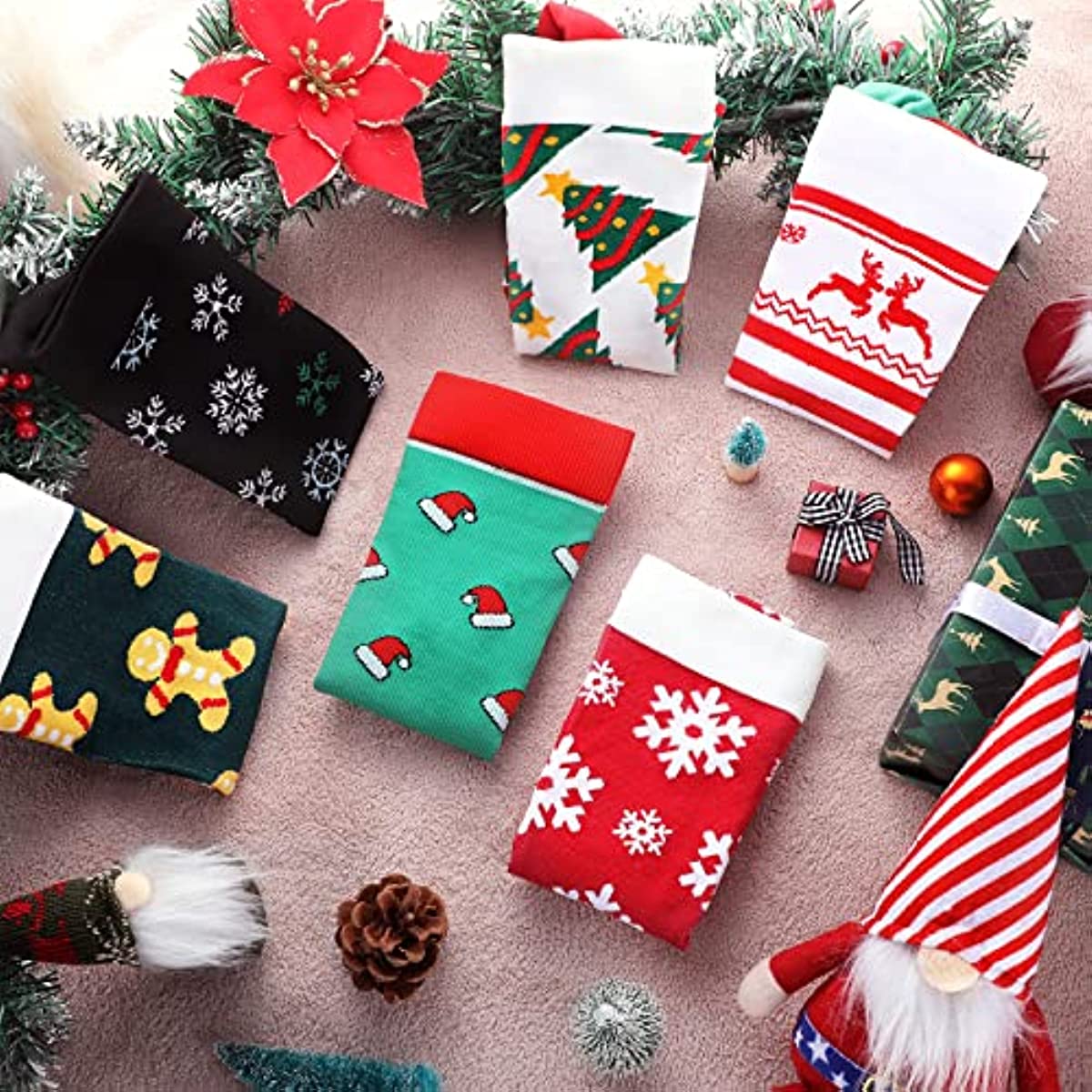 6 Pairs Christmas Socks Colorful Patterned Winter Compression Socks
