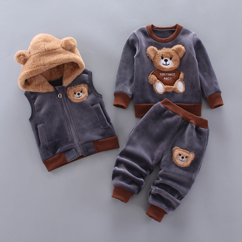 2024 New Children's Clothing Boys Girls Fleece Bear Three-piece Suit