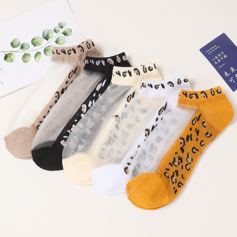 Spring Summer Leopard Pattern Ultra Thin Cotton Bottom Crystal Socks, Silk Socks, Boat Socks No Show Socks