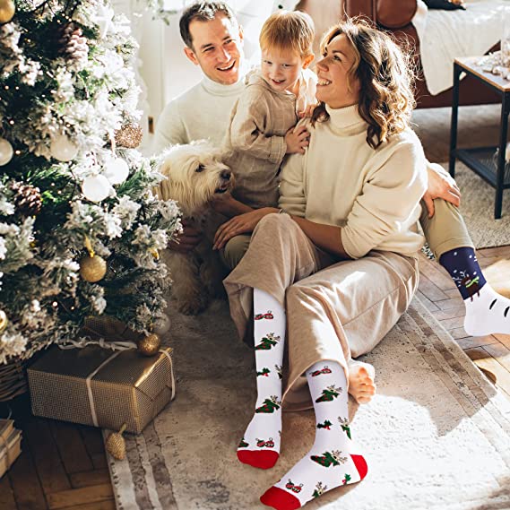 Christmas Socks for Women Men Circulation, Knee High Compression Socks 15-20mmHg for Nurse, Running Athletic