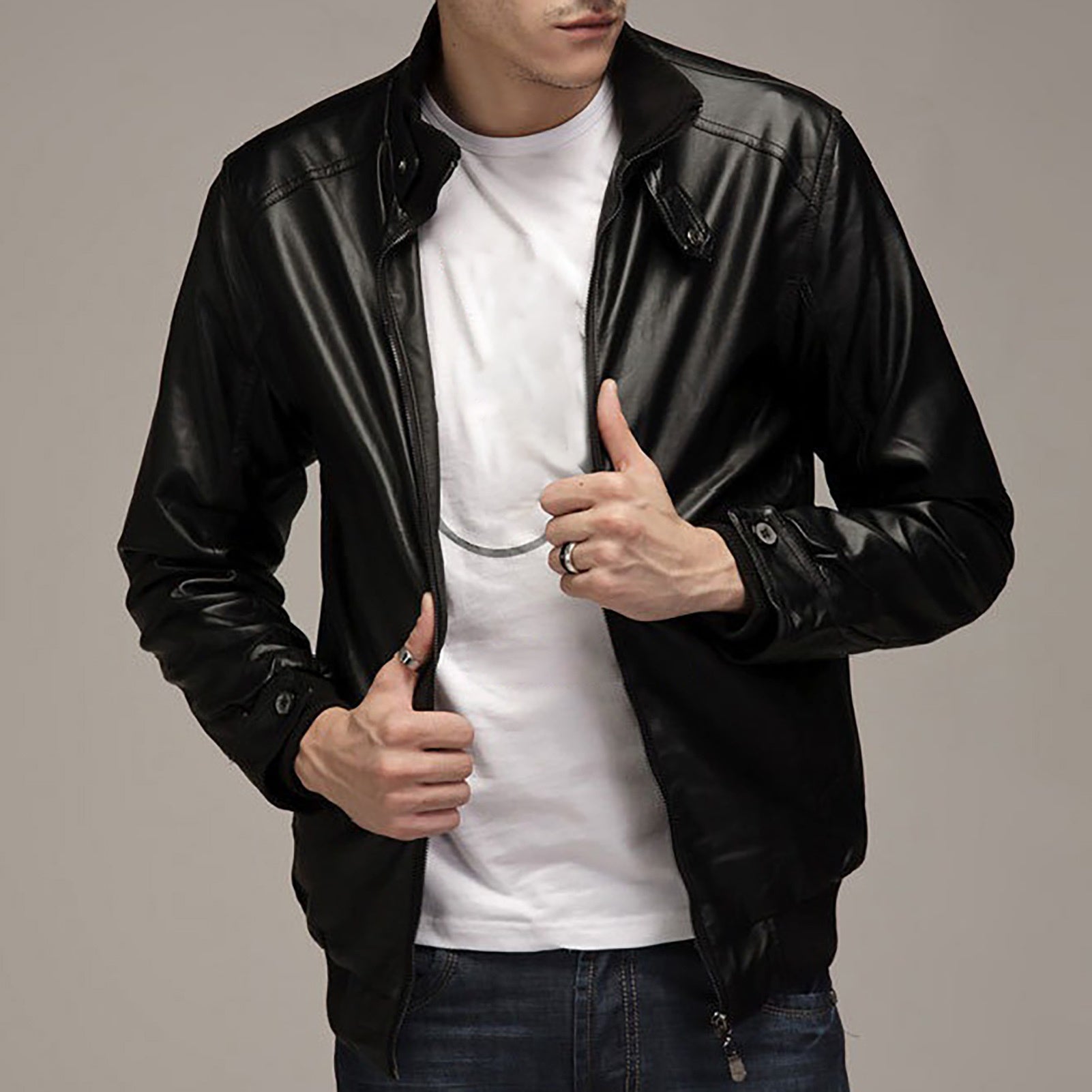 Artificial Leather Solid Color Motorcycle Jacket Zipper Closure Stand Collar Men's Coat