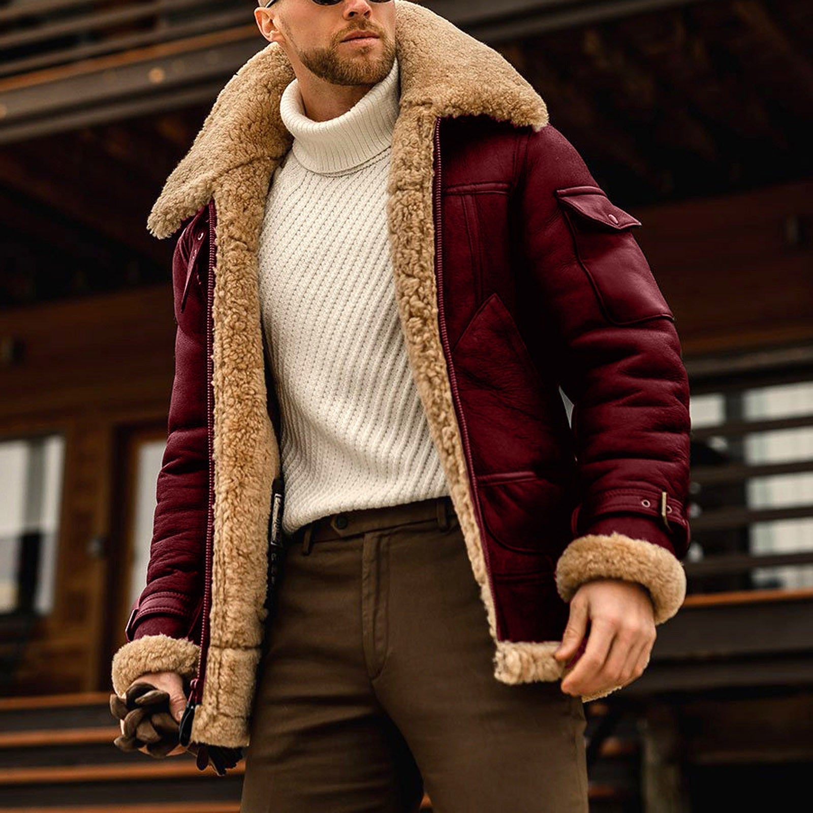 Men's Coat Casual Solid Turndown Winter Thicken Zipper Patchwork Jacket