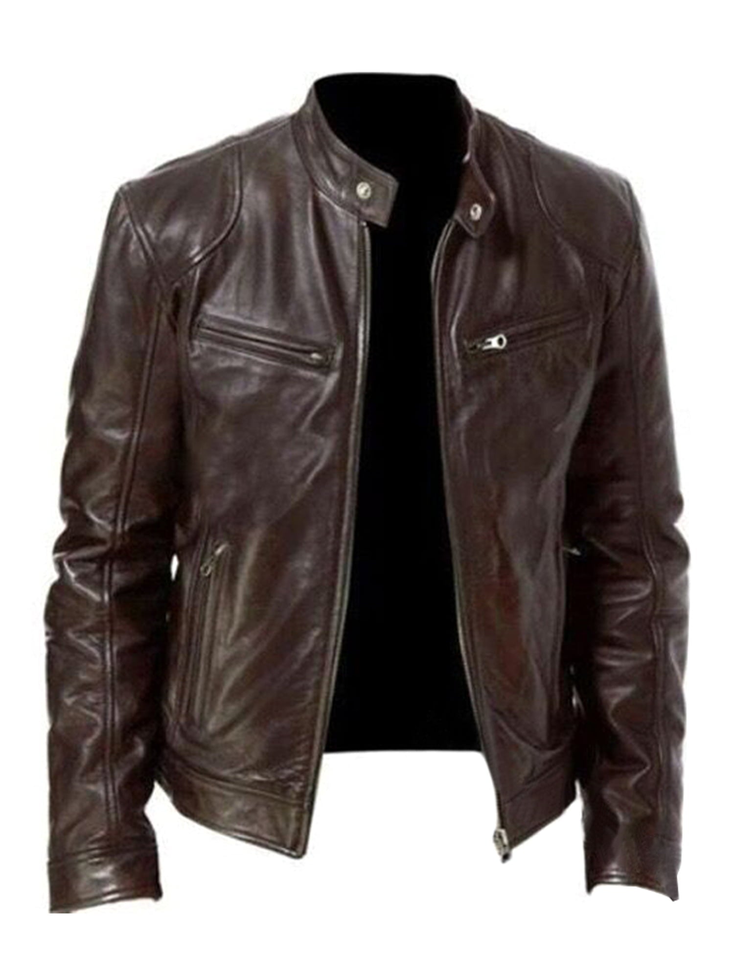 Zipper Mens Casual  Leather Biker Jacket Motorcycle Stand Collar Coat