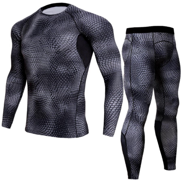 Men Snake Print Long Sleeve Quick Dry Compression T-Shirt and Tights Tops+Pants Sports Tracksuits