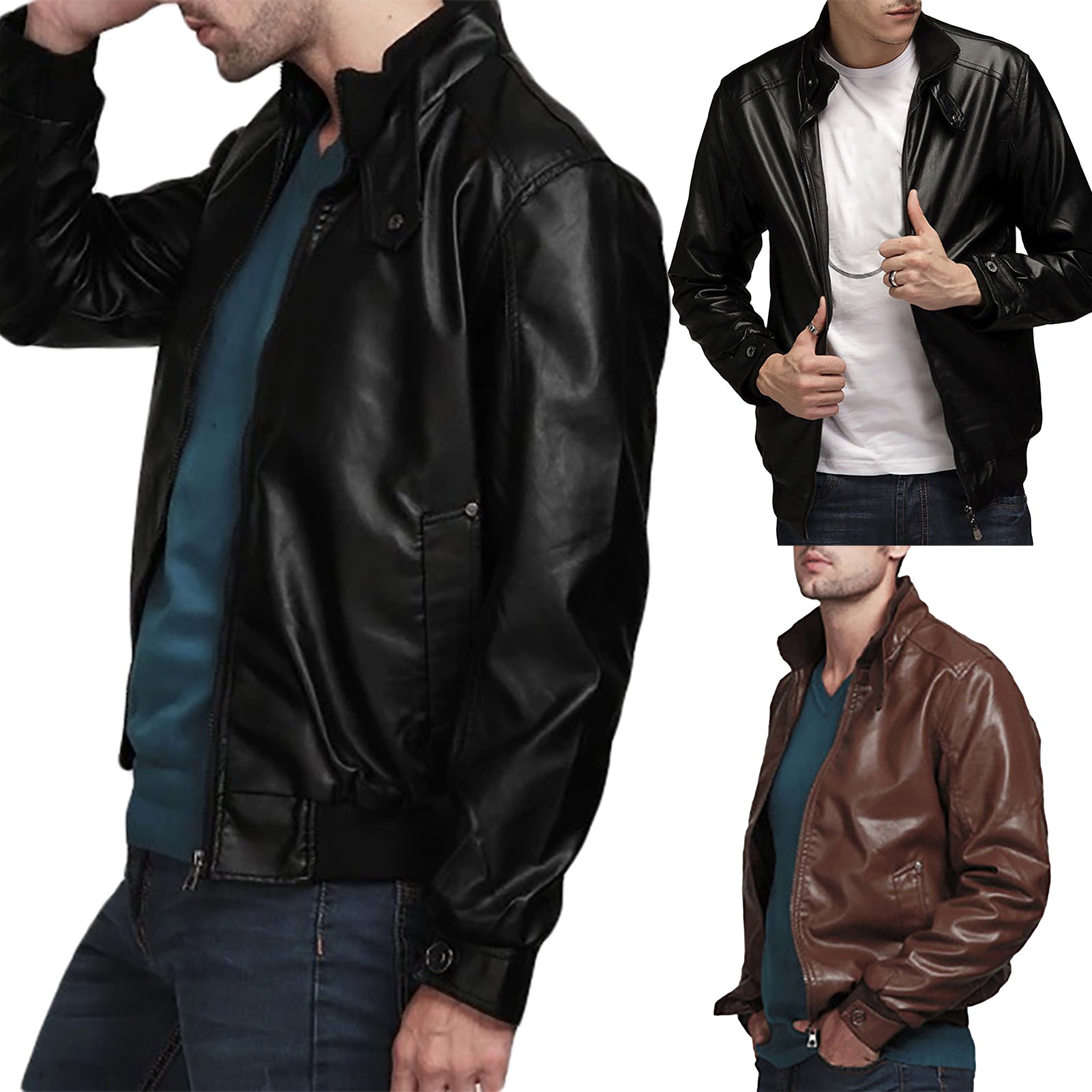 Artificial Leather Solid Color Motorcycle Jacket Zipper Closure Stand Collar Men's Coat