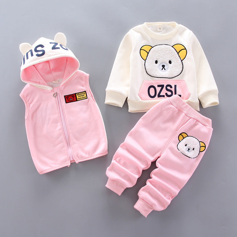2024 New Children's Clothing Boys Girls Fleece Bear Three-piece Suit