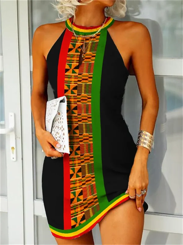 Africa Ethnic Kente Rasta Style Stripe Juneteenth Slim Mini Dress