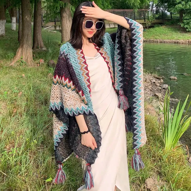 Bohemian Fringe Knit Cape Poncho Shawl Cardigan for Women