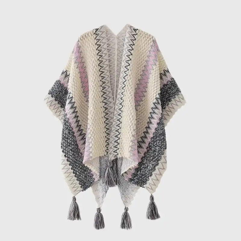 Bohemian Fringe Knit Cape Poncho Shawl Cardigan for Women