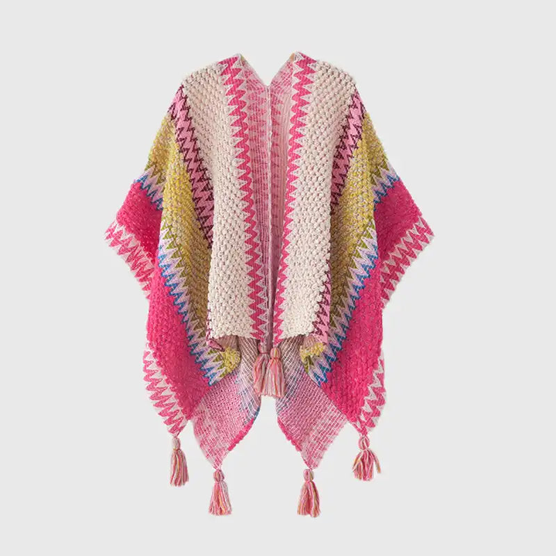 Bohemian Fringe Knit Cape Poncho Shawl Cardigan for Women