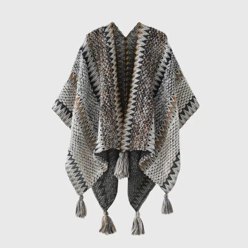 Bohemian Fringe Knit Cape Poncho Shawl Cardigan for Women