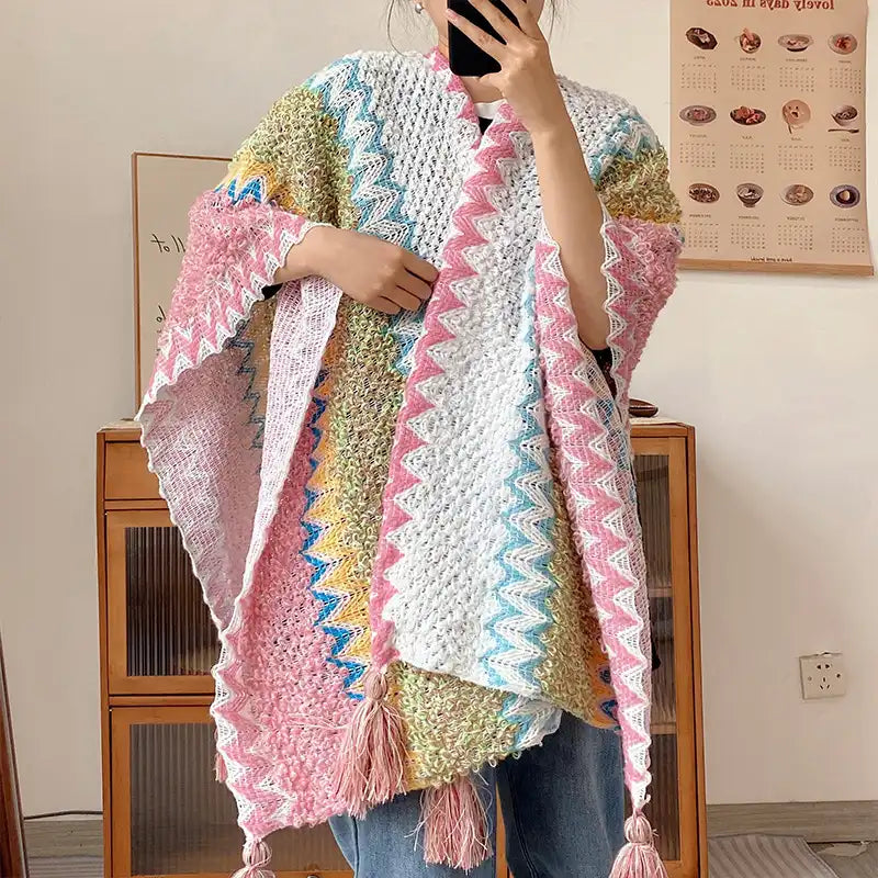 Bohemian Fringe Knit Cape Poncho Shawl Cardigan for Women