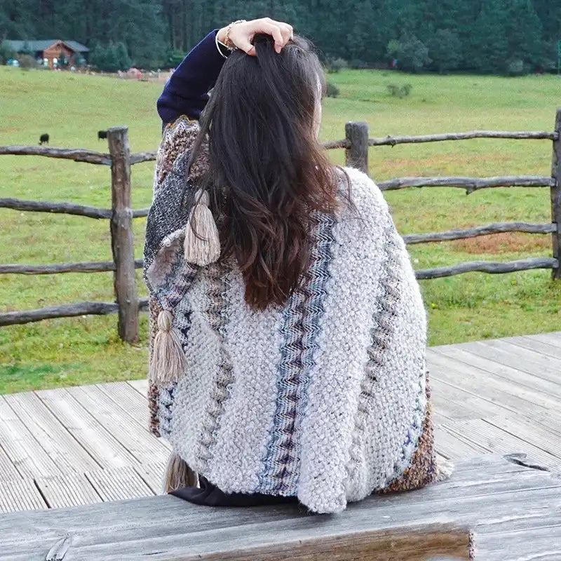 Bohemian Fringe Knit Cape Poncho Shawl Cardigan for Women
