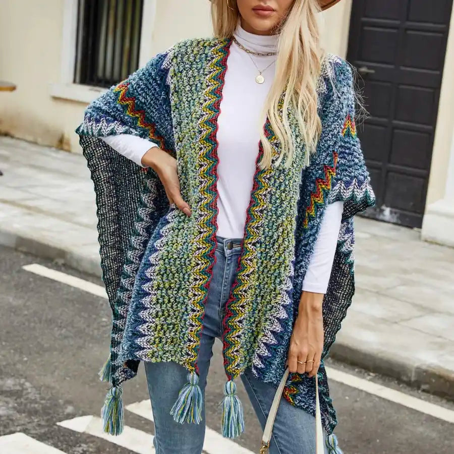 Bohemian Fringe Knit Cape Poncho Shawl Cardigan for Women