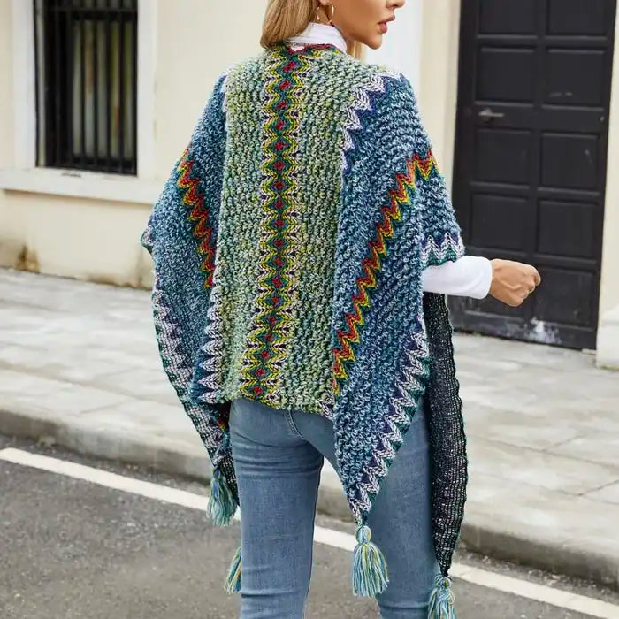 Bohemian Fringe Knit Cape Poncho Shawl Cardigan for Women