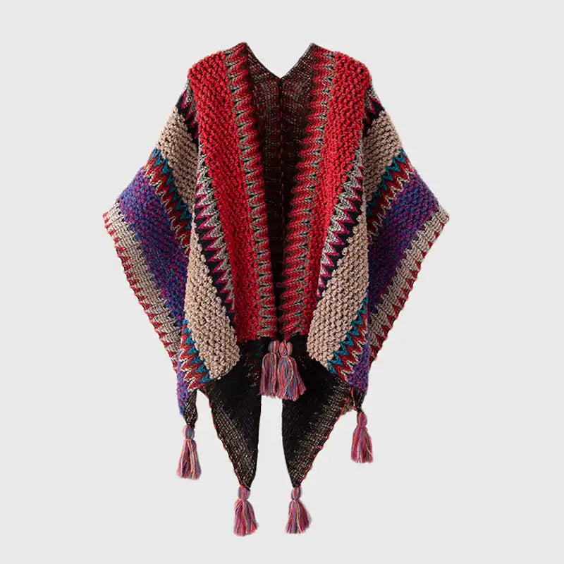 Bohemian Fringe Knit Cape Poncho Shawl Cardigan for Women
