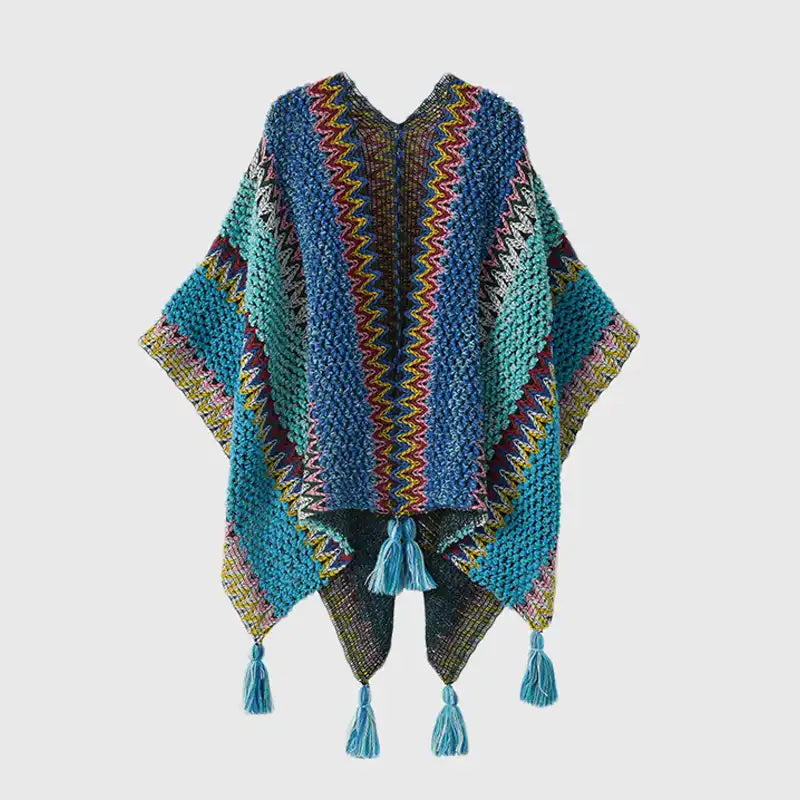 Bohemian Fringe Knit Cape Poncho Shawl Cardigan for Women