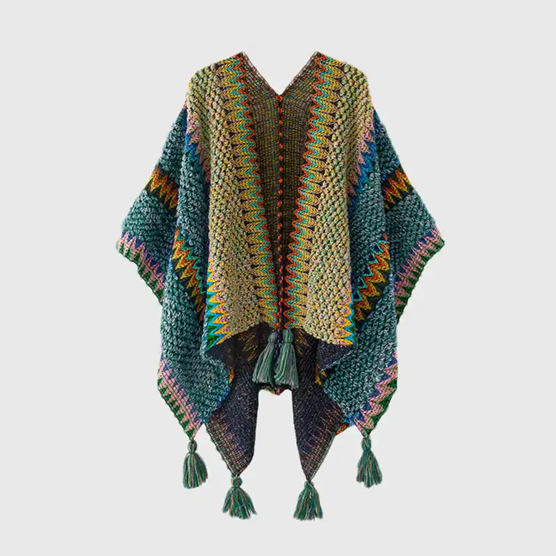 Bohemian Fringe Knit Cape Poncho Shawl Cardigan for Women