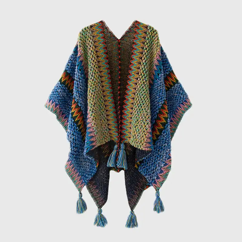 Bohemian Fringe Knit Cape Poncho Shawl Cardigan for Women