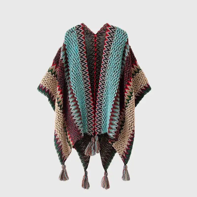 Bohemian Fringe Knit Cape Poncho Shawl Cardigan for Women