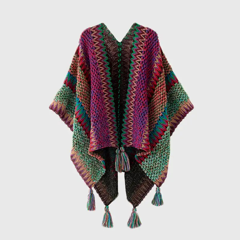Bohemian Fringe Knit Cape Poncho Shawl Cardigan for Women