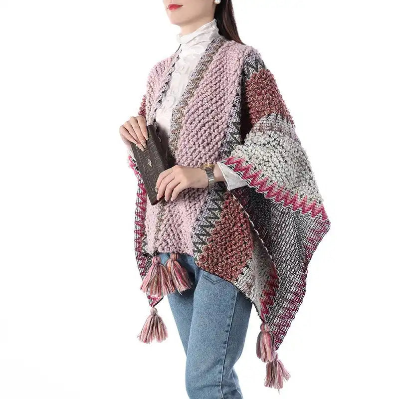 Bohemian Fringe Knit Cape Poncho Shawl Cardigan for Women