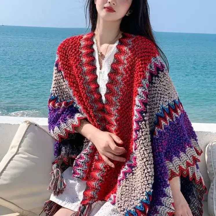 Bohemian Fringe Knit Cape Poncho Shawl Cardigan for Women