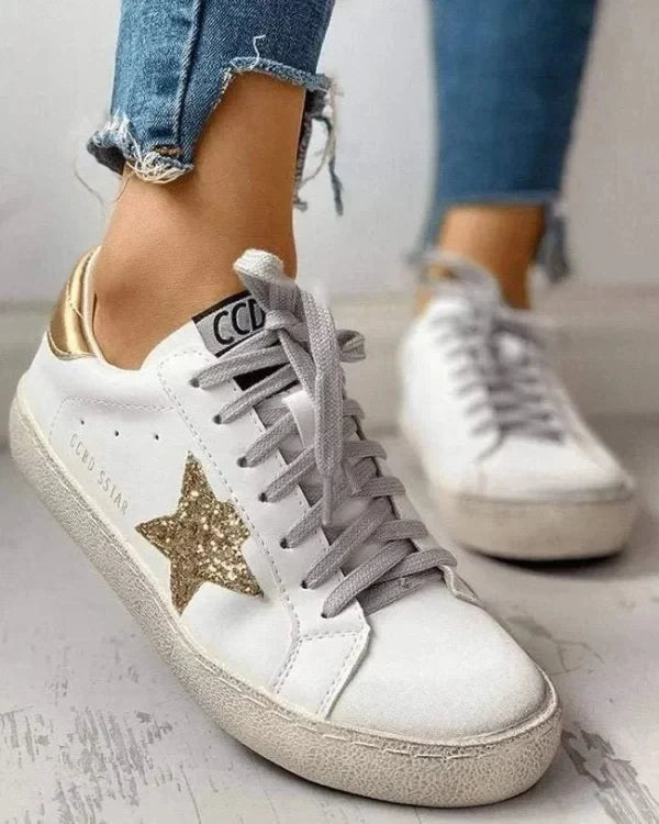 Casual Lace-up Distressed White Sneakers With Star Design