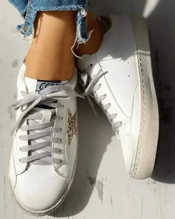 Casual Lace-up Distressed White Sneakers With Star Design