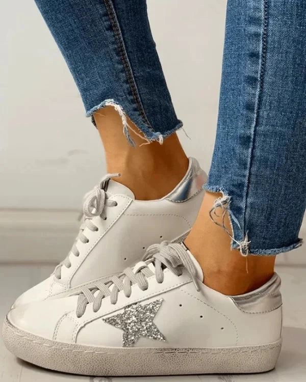 Casual Lace-up Distressed White Sneakers With Star Design