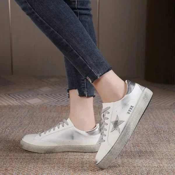 Casual Lace-up Distressed White Sneakers With Star Design