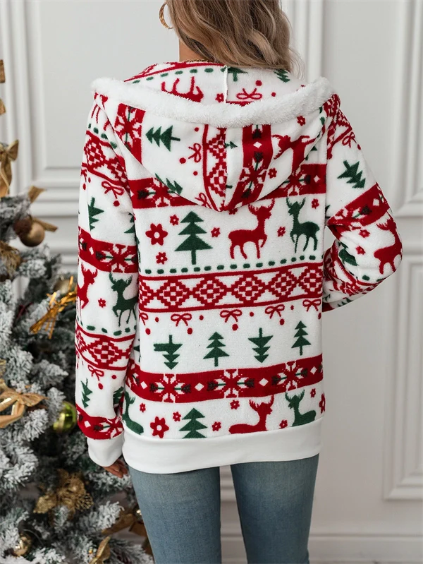 Christmas Fleece Zip Hoodie - Cozy Holiday Print Jacket